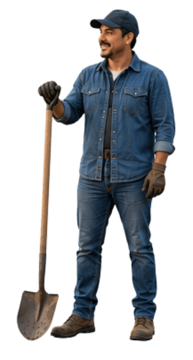 Grower standing with a shovel in the field