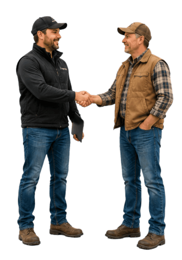 A grower and an ag service provider shaking hands on a deal