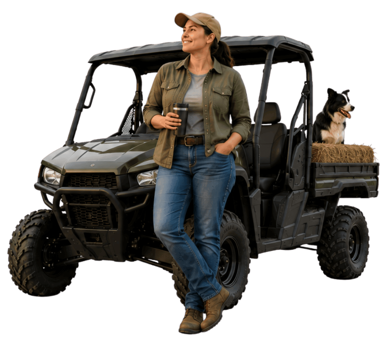 A grower on a UTV checking her fields