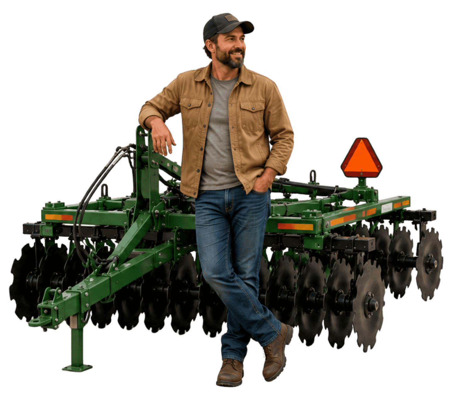 A grower beside a green disc implement