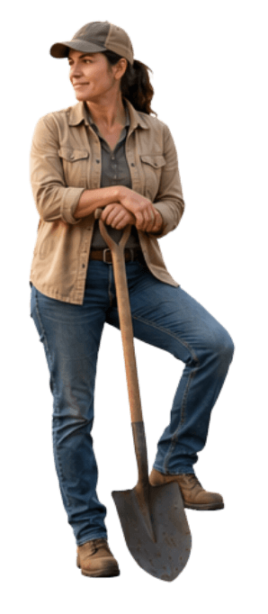 A grower resting on a shovel