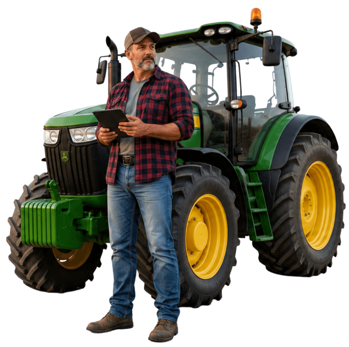 Service provider with a tablet next to a tractor